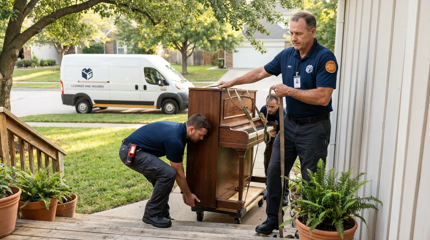 Licensed piano movers securing grand piano in Apollo, PA