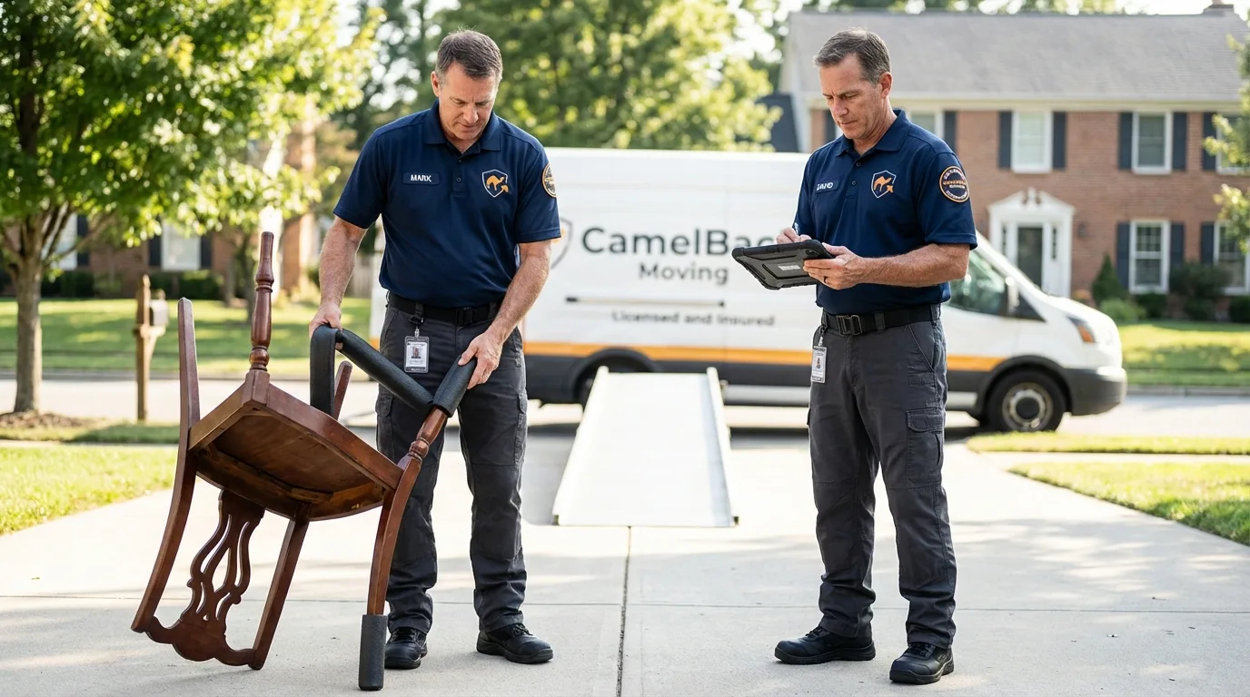 Movers inspecting furniture for damage prevention before loading in Apollo, PA