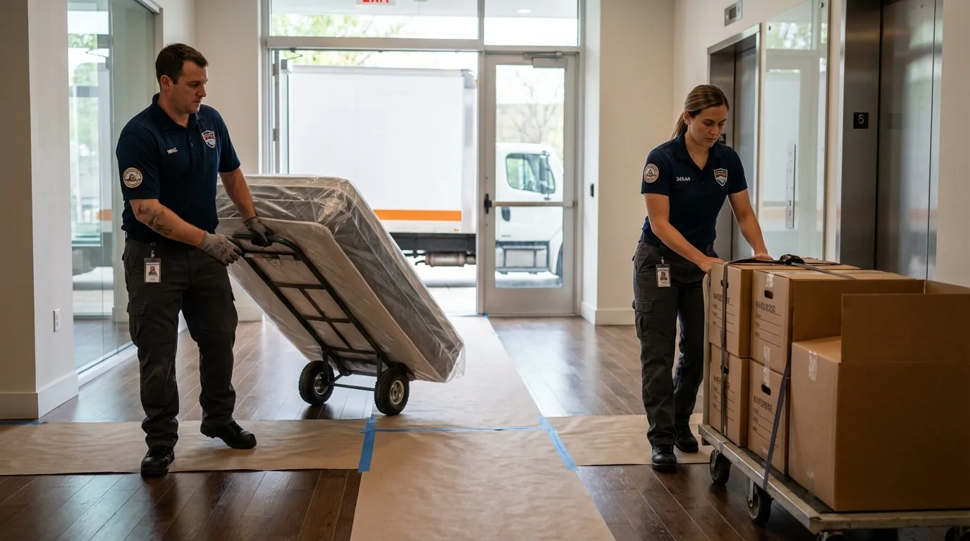 Professional apartment movers loading elevator in Apollo, PA